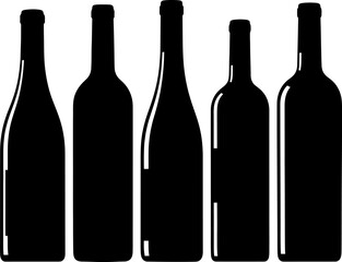 Five distinct wine bottles showcasing various shapes and sizes in a black and white illustration Vector