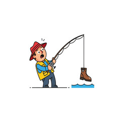 Cartoon Fisherman Catching an Old Boot