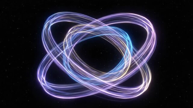 Glowing concentric light rings and flowing trails weave intricate patterns of blue and yellow, evoking cosmic networks, dynamic energy and futuristic digital connections in space