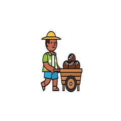 Tropical Fruit Vendor Pushing Wooden Cart Full of Coconuts