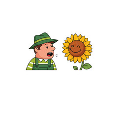 Happy Gardener Character Talking to a Smiling Sunflower