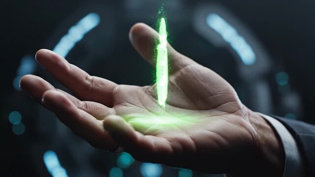 A glowing green recycling symbol with the Earth in the middle floating in an open hand