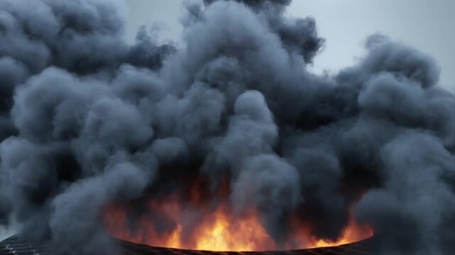A dark grey smoke plume erupts from a textured surface with bright orange flames beneath