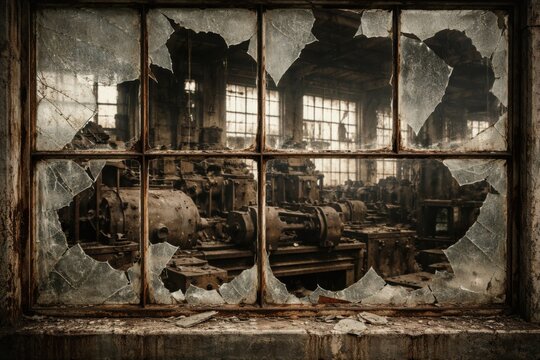 A shattered window offers a glimpse into an industrial space filled with old machinery, evoking a sense of decay and abandonment.