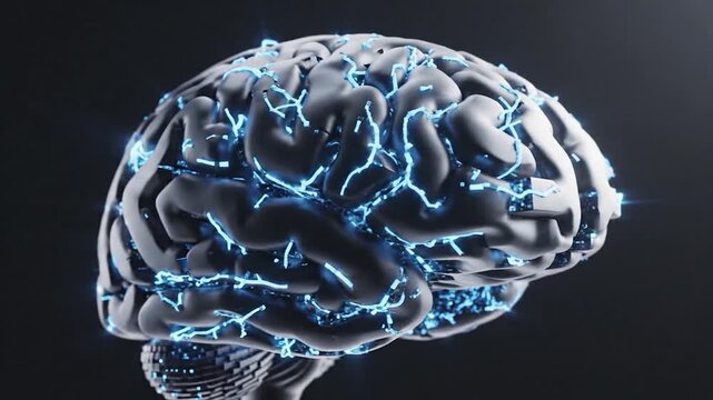 Glowing neural network within a digital brain symbolizing AI and thought.