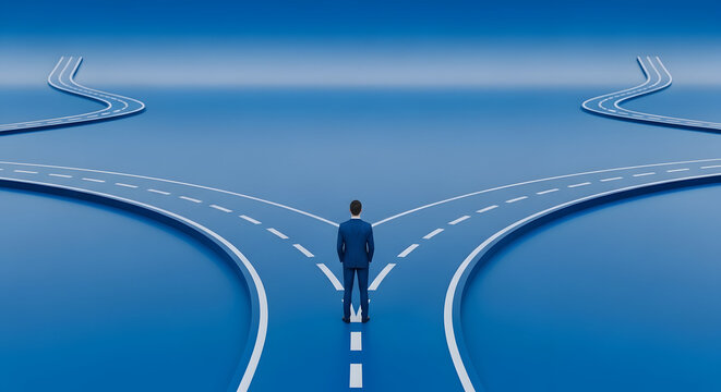 Businessman facing multiple diverging roads, symbolizing career choices, strategic direction, and future decision making
