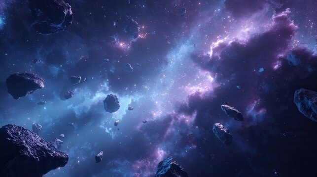 Asteroids floating through the vibrant cosmic clouds and galaxies in the vast universe from a distant viewpoint
