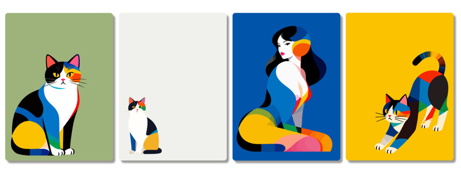 A colorful pattern art set featuring cat and female images