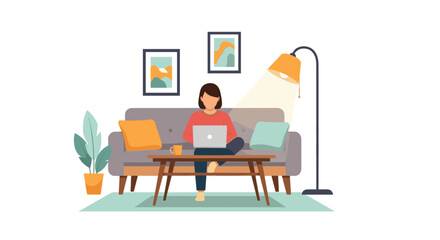 Fototapeta premium Modern illustration of a woman working from home on a laptop. Suitable for use in articles about remote work, freelancers, or modern lifestyle.