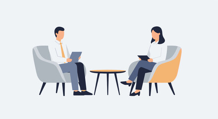 Fototapeta premium Flat vector illustration of a business meeting. Minimal design. Modern chairs, businessman, businesswoman. Great for website banners, presentation backgrounds.