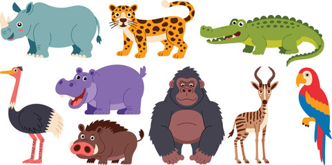 Cute cartoon wild animals illustration set, jungle safari wildlife characters rhino leopard crocodile hippo kids design © Nilufa Creative