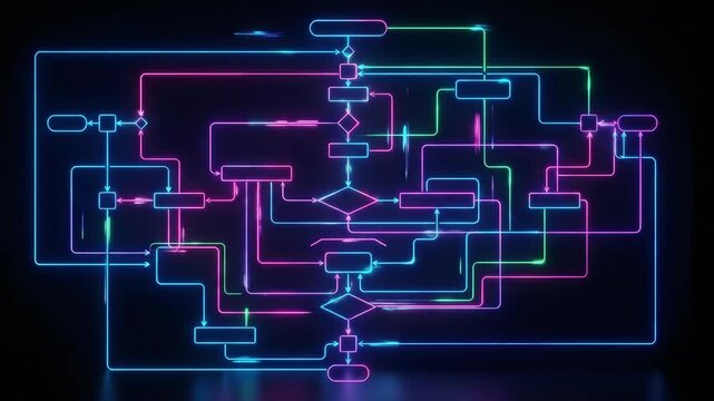 Digital flowchart featuring neon glowing lines and geometric shapes illustrating data processing, system flow, and complex algorithms on a dark background