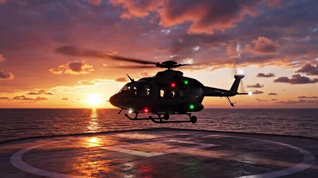 Helicopter hovers above ocean helipad at sunset, bathed in orange light. Red/green lights glow