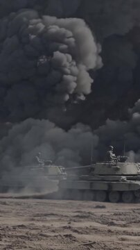 smoke filled battlefield with advancing tank, armored units push across cracked earth while massive clouds of ash and dust billow behind, turret rotations and treads churn, tense atmosphere