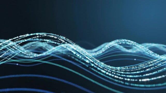 Blue Digital Wave Motion Graphic Background with Glowing Data Particles and Cinematic Abstract Network Lines