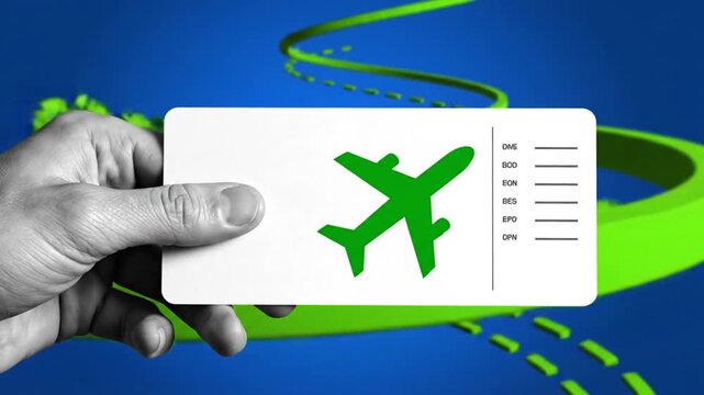 Hand holding an airline ticket with a green airplane and flight path against a blue backdrop