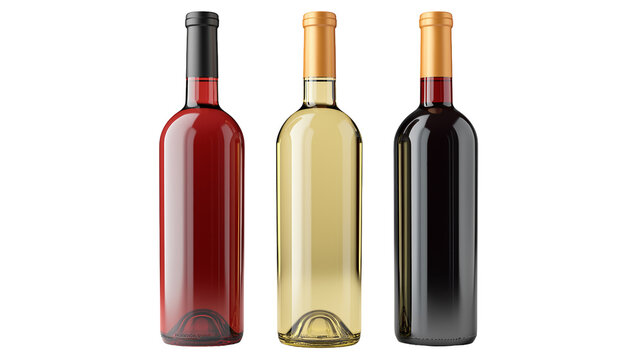 Wine bottles trio, isolated on white background, png