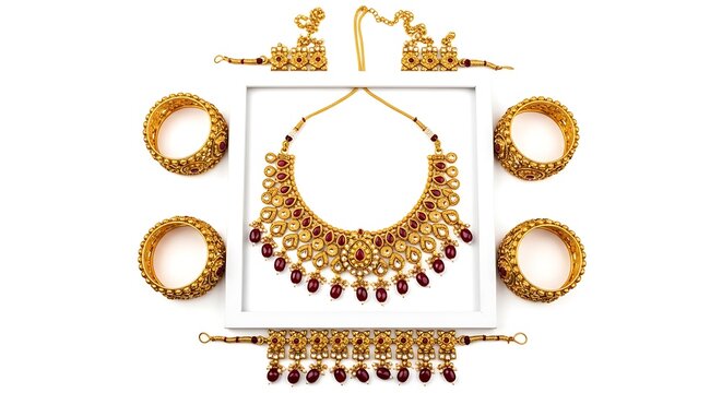 Gold Indian Jewelry Set: Necklace, Bangles, and Armlet with Red Stones