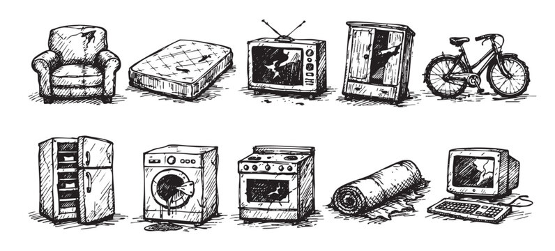 Hand-drawn illustration of broken household appliances and furniture depicting neglect, abandonment, or damage, suitable for renovation, repair services, or themes of waste.