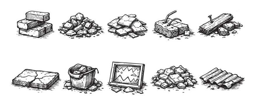Black and white illustration of various destroyed construction materials. Perfect for projects about disaster, demolition, renovation, or conceptual destruction metaphors.