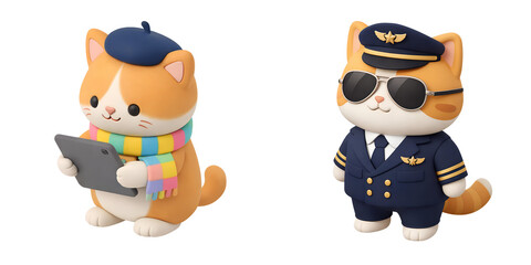 Fototapeta premium Cute cat 3d clay style cartoon character pilot uniform digital tablet colorful scarf airplane crew adorable animal isolated transparency