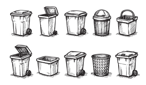 A set of hand drawn garbage cans, wheelie bins, and trash containers isolated on white. Suitable for illustrations about recycling, waste management, or sanitation.