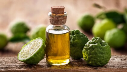 bottle of bergamot essential oil is standing on a rustic wooden table