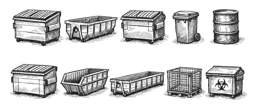 A collection of hand-drawn illustrations of various dumpster styles. Perfect for illustrating concepts related to sanitation, waste management, recycling, or environmental concerns.