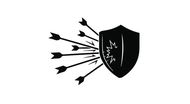 Shield with multiple arrows hitting it, symbolizing protection and defense against challenges and threats in a bold, modern illustration