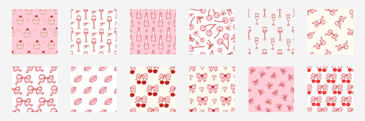 Seamless cherry pattern set with pink bows and hearts. Cute coquette design perfect for girly Valentine fabrics, vintage prints, romantic gifts, and adorable spring textiles. Vector illustration