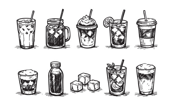 Black and white sketch illustration of various drinks, including cocktails and iced coffees, with ice cubes. Perfect for menu design, food blogs, or beverage-related content.