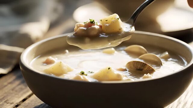 Delicious bowl of creamy clam chowder soup with fresh herbs
