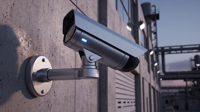 Modern security camera monitors an industrial facility from a concrete wall.