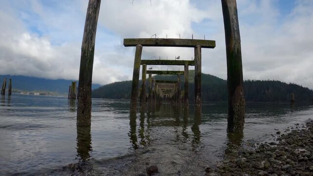 Barnet Marine Park Shoreline Pier Ruins 4K UHD.Ruins of a pier along the Barnet Marine Park shoreline. Burnaby, British Columbia, Canada. 4K, UHD.
