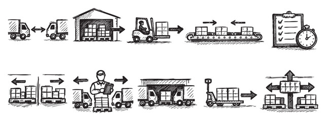 Obraz premium Hand-drawn illustration showing a supply chain process from warehousing to delivery. Depicts logistics, shipping, and distribution, useful for business or educational contexts, sketch style.
