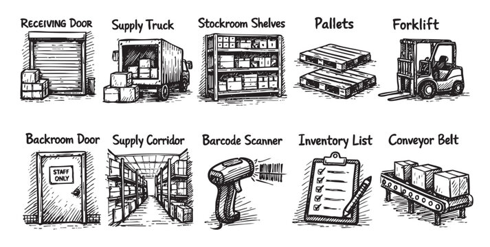Hand drawn illustrations of warehouse elements. Includes forklift, pallet, stockroom shelves, conveyor belt and barcode scanner. Perfect for logistics and shipping materials.