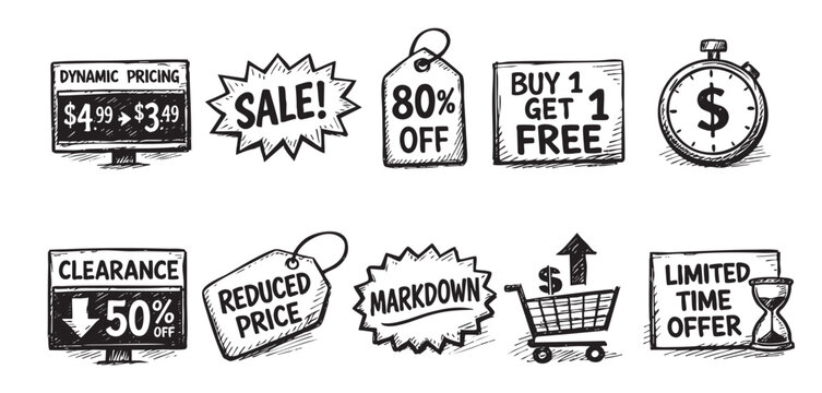 A collection of hand-drawn sale icons, including price reductions, discounts, offers, and time-sensitive deals, ideal for retail, e-commerce, and advertising materials.