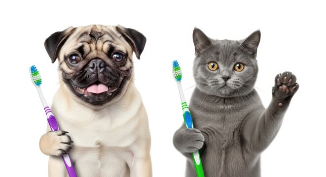 Pug and cat holding toothbrushes in paws standing next to each other