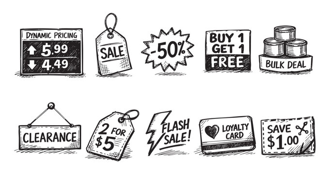 Set of hand-drawn style sale and pricing icons. Includes dynamic pricing, sale tag, discount, BOGO, bulk deal, clearance, and loyalty card. Retail marketing illustrations.