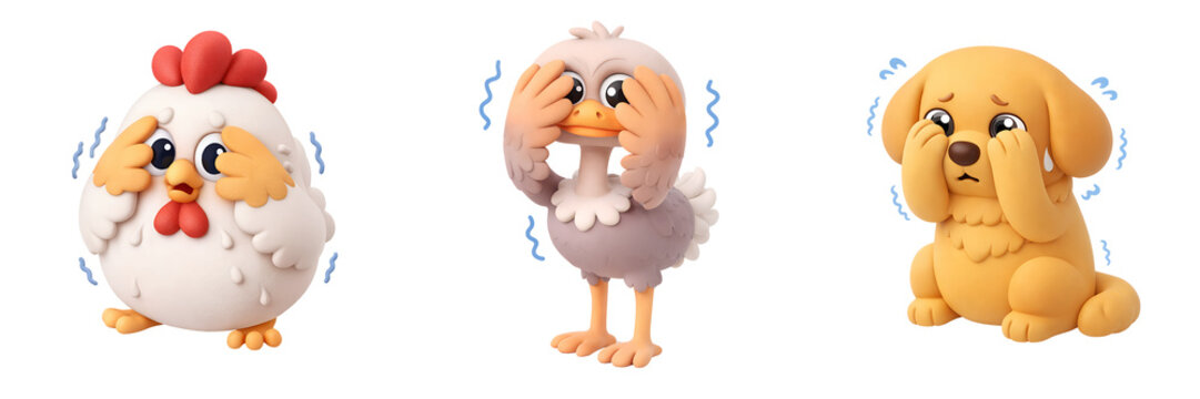 Cute scared chicken cute scared chick cute scared dog cartoon farm animal cartoon bird cartoon puppy clay style 3d render scared animal trio