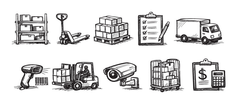 Hand-drawn sketch of logistics icons illustrating transportation, warehousing, security, and inventory control. Perfect for illustrating supply chain concepts and related industries.