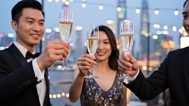 Elegant Asian Business Friends Toasting Champagne on City Rooftop