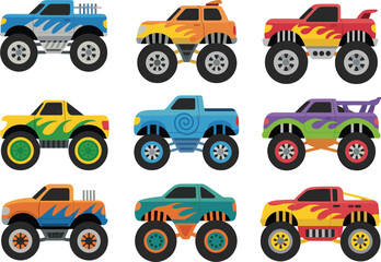 Colorful monster truck collection with flame decals and big wheels, off-road vehicle set for kids design, cad drawing flat vector illustration © RIPON