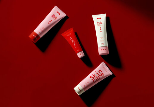 Three Cosmetic Tubes Mockup in Spaced Flat Lay Arrangement
