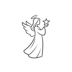 Angel Holding Star Icon Silhouette, Woman with Wings and Halo, Symbol of Hope and Faith