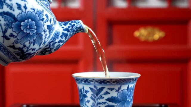 Close-up video of pouring hot tea from blue and white floral porcelain teapot into matching cup with steam on red traditional background, concept of chinese tea ceremony