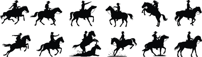 Cowboy silhouettes illustration with horseback riding, galloping, rearing, pointing, roping calf, western lifestyle, ranch culture, black and white artwork concept