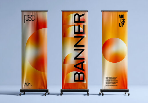 Three Vertical Banner Stands Mockup in Aligned Row Composition