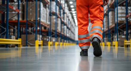 Obraz premium Worker walking in orange safety suit in warehouse with boxes 
