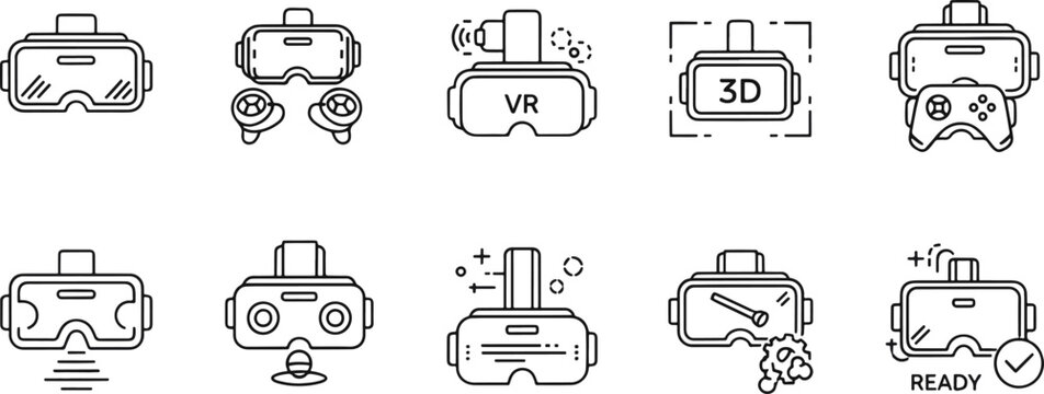 Professional Virtual Reality VR Headset and 3D Gaming Icon Set